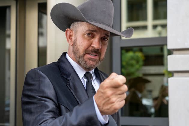 Otero County Commissioner Couy Griffin speaks to reporters at federal court in Washington on June 17, 2022. A judge ordered Griffin to be removed and barred from office on Sept. 6 for participating in the Capitol insurrection of Jan. 6, 2021. (Photo: Gemunu Amarasinghe via Associated Press)