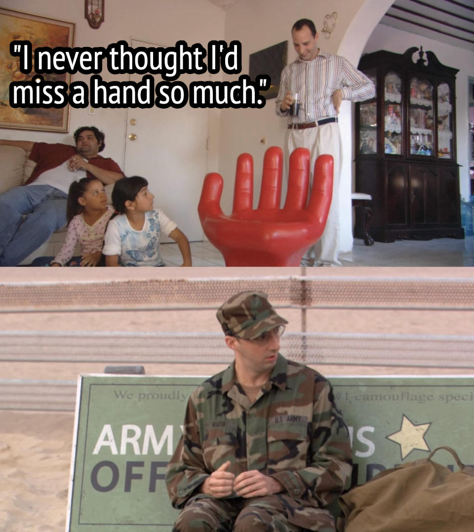 buster examining a hand-shaped chair and sitting on a bench advertising army uniforms