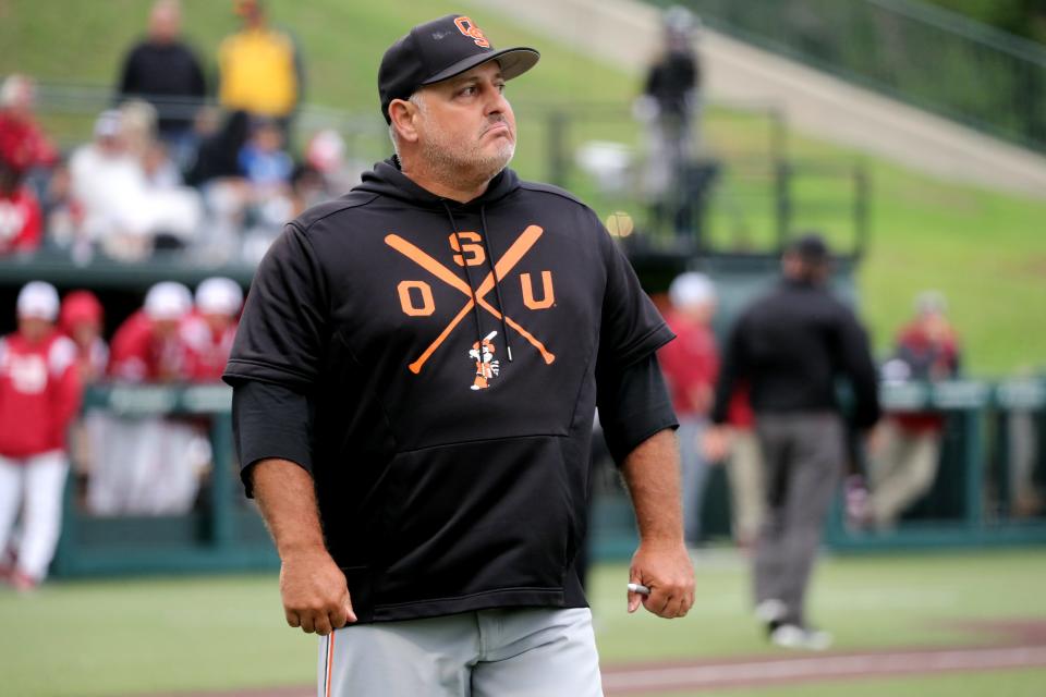 Head coach Josh Holliday reacts as the University of Oklahoma Sooners (OU) play the Oklahoma State Cowboys (OSU) in Bedlam baseball on May 19, 2023 at L Dale Mitchell Park in Norman, Okla. [Steve Sisney/For The Oklahoman]