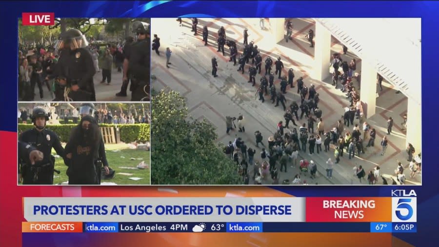 Police in riot gear dispersing pro-Palestinian demonstrators at the University of Southern California on April 24, 2024. (KTLA)