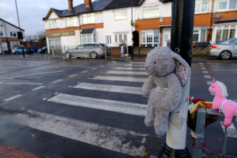 GV of the zebra crossing on Reddings Lane, in Yardley, Birmingham.  November 12, 2021.  See SWNS story SWMDhit.  A 24-year-old man has been arrested on suspicion of causing death by dangerous driving after a young girl was run and over and killed in front of her family as she crossed a zebra crossing.  The youngster was rushed to hospital after being mown down in a hit-and-run crash on Reddings Lane, in Yardley, Birmingham at around 2.40pm on Thursday (11/11).  Police said the girl was using a zebra crossing with her family when she was hit by a silver Ford Galaxy and later died in hospital from her injuries.  The driver of the car failed to stop but officers arrested a man a short time later after locating his vehicle nearby. 