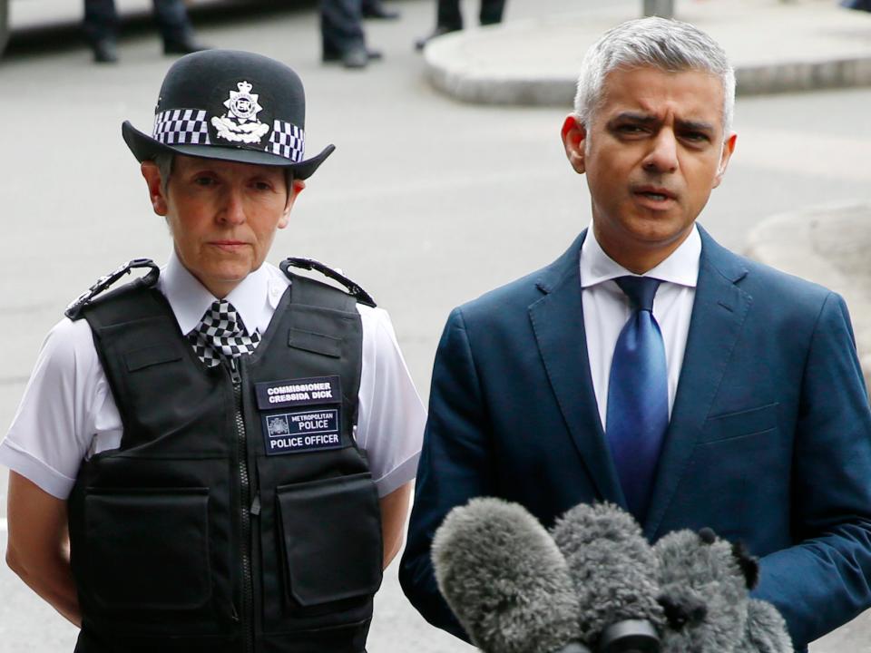 London Police Commissioner Cressida Dick, left, and the Mayor of London Sadiq Khan, participate in a media conference at London Bridge in London, Monday, June 5, 2017.