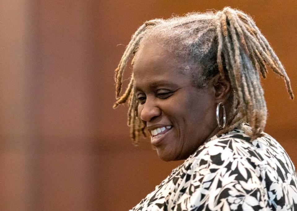Lisa Williams smiles in a courtroom at the Durham County Courthouse on Monday, July 10, 2023, in Durham, N.C. 