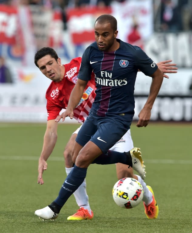 Lucas (right) outsmarts Nancy's Vincent Muratori on October 15, 2016, at Marcel Picot stadium in Tomblaine, eastern France