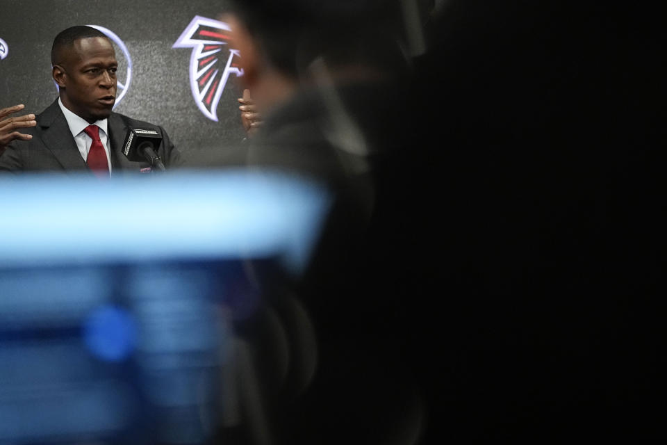 Atlanta Falcons head coach Raheem Morris speaks during an NFL football news conference, Monday, Feb. 5, 2024, in Atlanta. (AP Photo/Brynn Anderson)