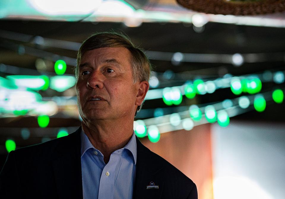 Jeffersontown mayor and Louisville Republican mayoral candidate Bill Dieruf watches a television screen for early voting results at his watch party at O'Shea's Irish Pub on Baxter Avenue. May 17, 2022