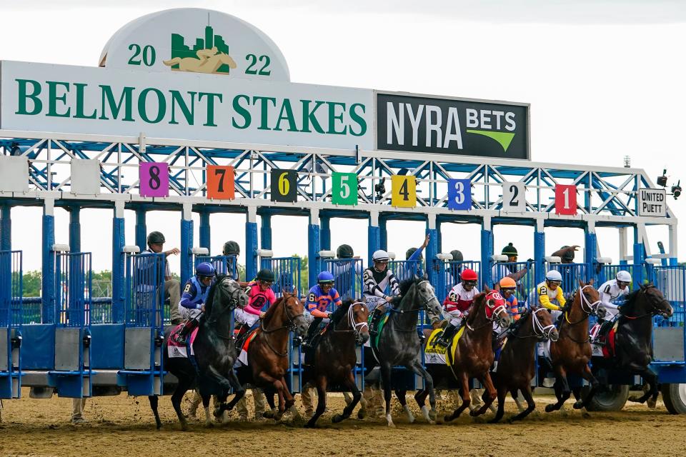 Horses leave the starting gate during the 154th running of the Belmont Stakes horse race Saturday, June 11, 2022, at Belmont Park in Elmont, N.Y. Mo Donegal (6), with jockey Irad Ortiz Jr., won the race. (AP Photo/Frank Franklin II) ORG XMIT: BEL159
