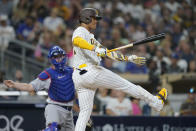 San Diego Padres' Juan Soto reacts after swinging at a pitch during the sixth inning of the team's baseball game against the Los Angeles Dodgers, Wednesday, Sept. 28, 2022, in San Diego. (AP Photo/Gregory Bull)