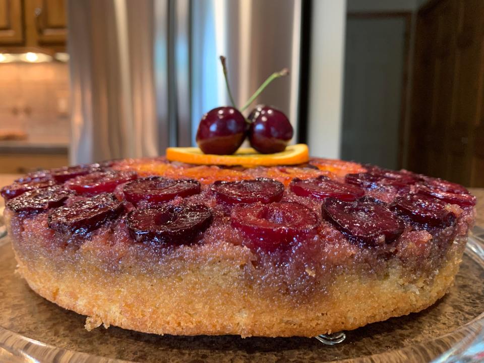 A brandy old fashioned upside down cake is fully cooked using Sheila Binder's recipe.