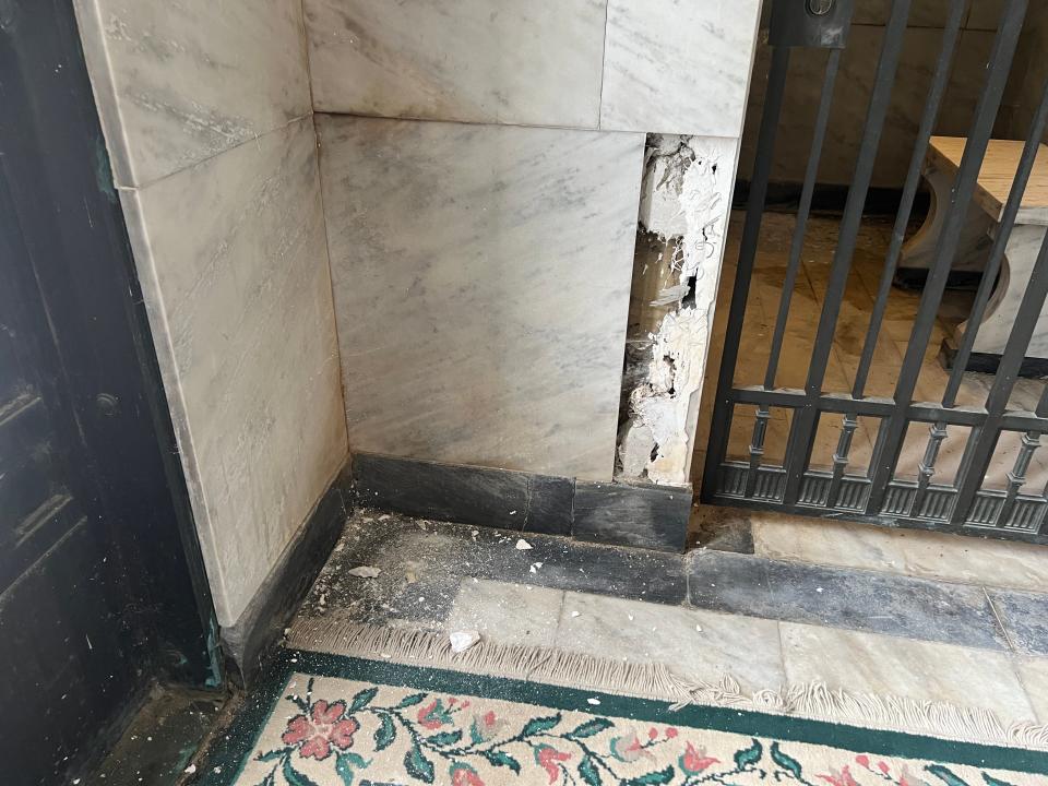 A photo provided by Nancy Vogl to the State Journal shows the condition of a wall inside a mausoleum built in the 1920's at Deepdale Memorial Gardens in Delta Township.