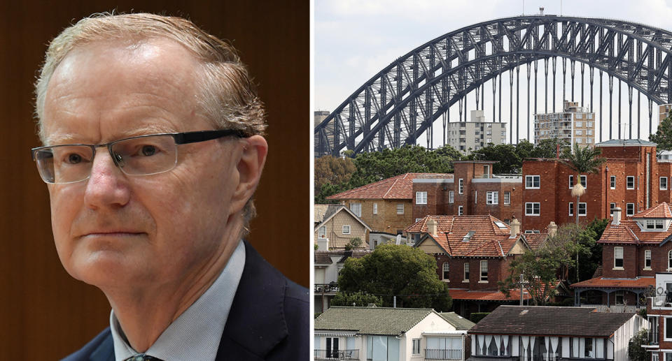 RBA Governor Philip Lowe and aerial view of Australian suburb.