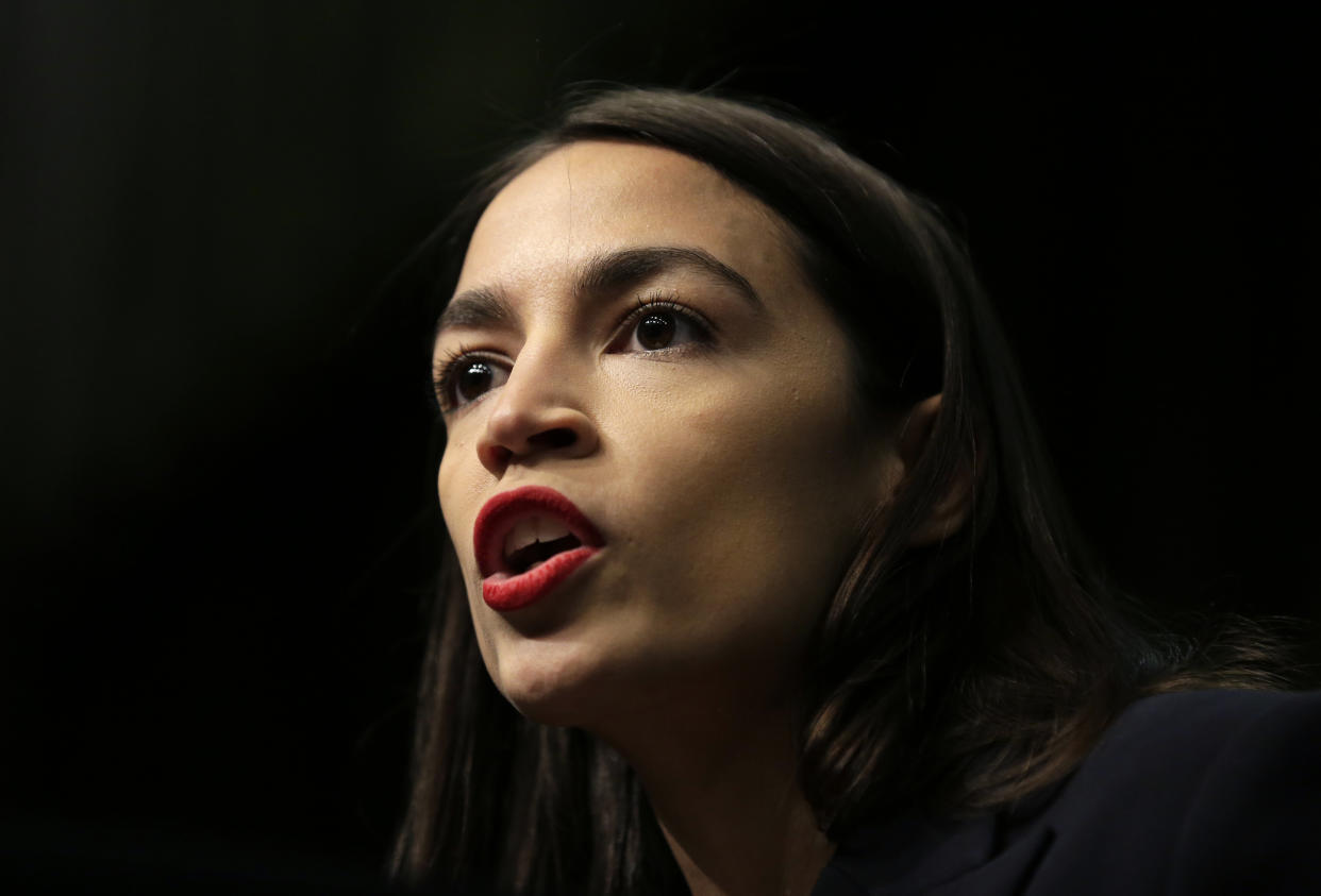 Rep. Alexandria Ocasio-Cortez, D-N.Y., speaks during the National Action Network Convention in New York, Friday, April 5, 2019. (AP Photo/Seth Wenig)