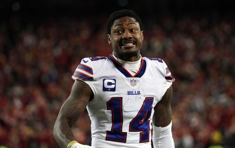 Buffalo Bills wide receiver Stefon Diggs (14) reacts to a call on a play against the Kansas City Chiefs during the first half in the AFC Divisional playoff football game at GEHA Field at Arrowhead Stadium.