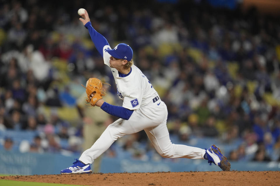 Los Angeles Dodgers pitcher Gavin Stone throws to a San Diego Padres batter during the third inning of a baseball game Saturday, April 13, 2024, in Los Angeles. (AP Photo/Marcio Jose Sanchez)