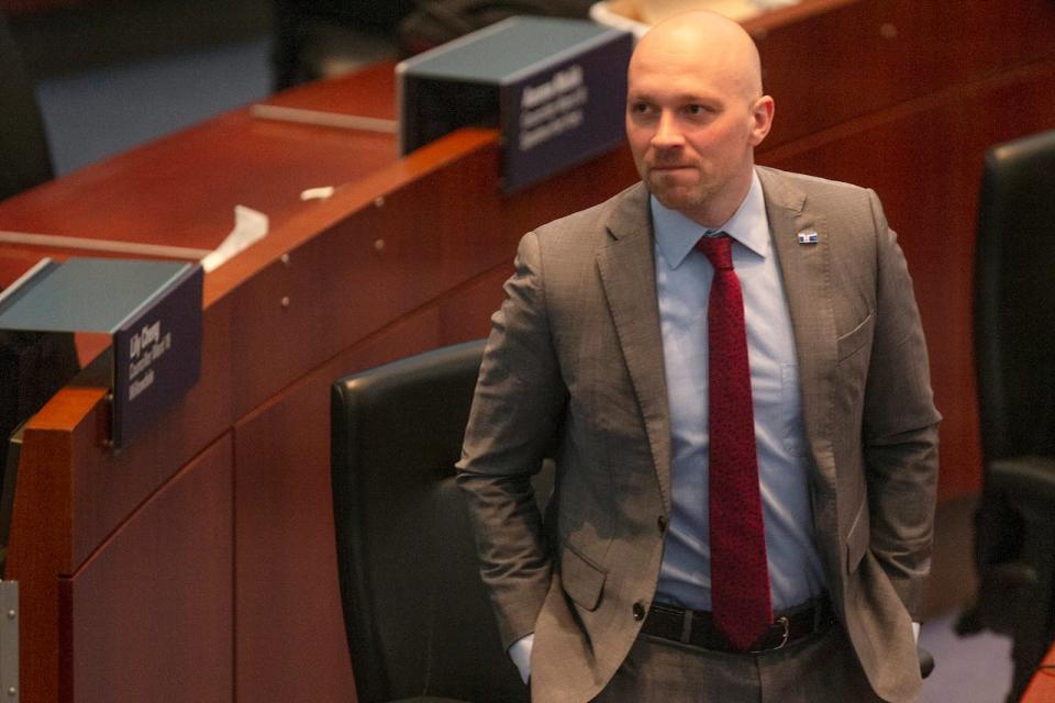 Toronto city councillor Brad Bradford attends a council session in Toronto, Wednesday, March 29, 2023. Bradford has announced that he will run in the forthcoming by-election in Toronto’s mayoral race following the resignation of John Tory. 