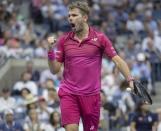 Sep 11, 2016; New York, NY, USA; Stanislas Wawrinka (SUI) reacts during his match against Novak Djokovic (SRB) on day fourteen of the 2016 U.S. Open tennis tournament at USTA Billie Jean King National Tennis Center. Mandatory Credit: Susan Mullane-USA TODAY Sports