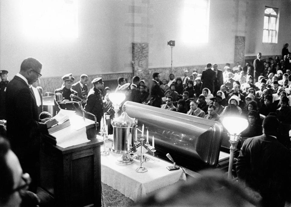 Actor Ossie Davis delivers eulosy for Malcolm X at the funeral services for the slain black Nationalist leader in the Faith Temple of God in Christ in New York's Harlem, February 27, 1965.