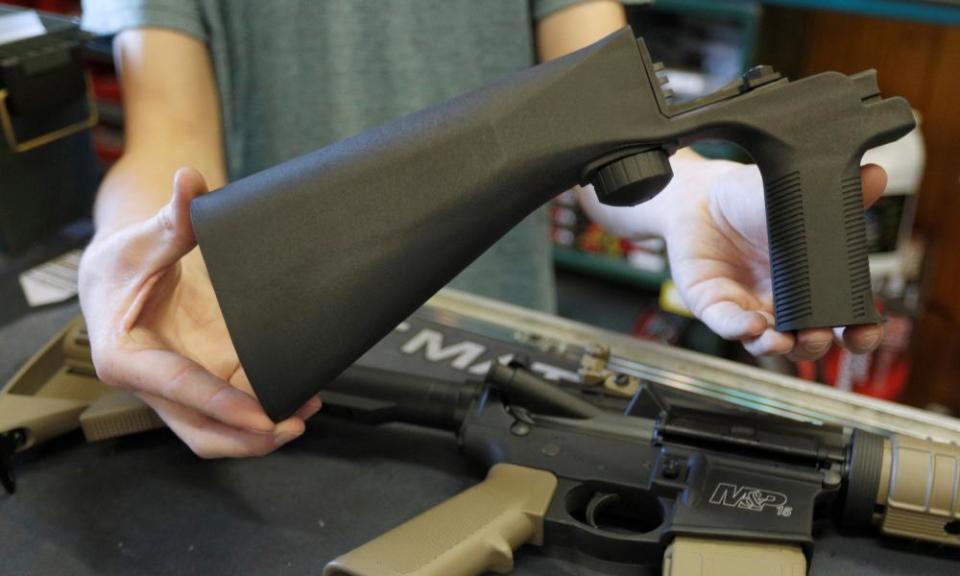 A bump fire stock that attaches to an semi-automatic assault rifle at a gun shop in Utah.