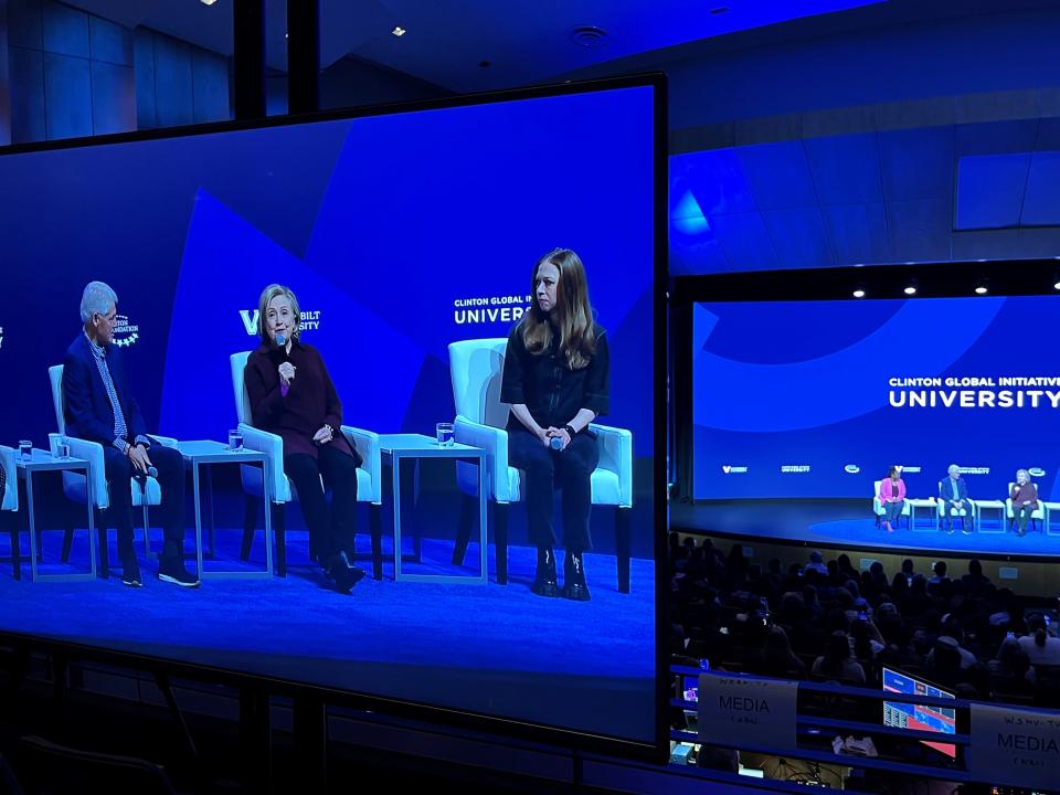 Former President Bill Clinton, former Secretary of State Hillary Clinton and their daughter, Chelsea Clinton speaking on the Vanderbilt University campus Saturday, March 4 in Nashville.