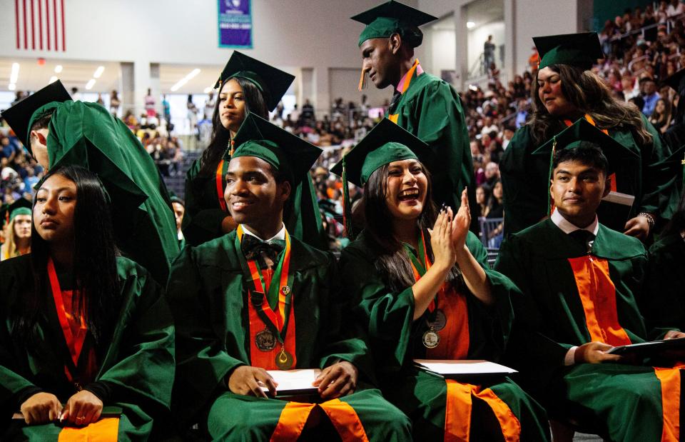 Dunbar High School graduate, Denise Arreola-Sanchez, second from right, reacts during commencement at Suncoast Credit Union Arena in Fort Myers on Sunday, May 19, 2024. The approximately 360 seniors at the high school were among 6,000 Lee County School District students graduating this year.
