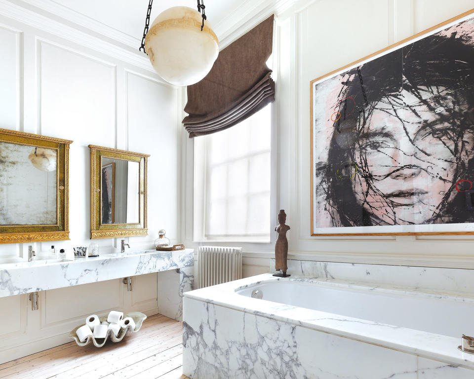 <p> Contemporary art can be very happy in a bathroom, providing a contrast against more functional, clinical elements.&#xA0; </p> <p> This scheme by Studio Duggan features a portrait painting by Spanish artist, L&#xED;dia Masllorens. Its scale ensures the design has a strong presence in the room, with the piece establishing a stylish contrast with the more traditional bathroom scheme. </p>