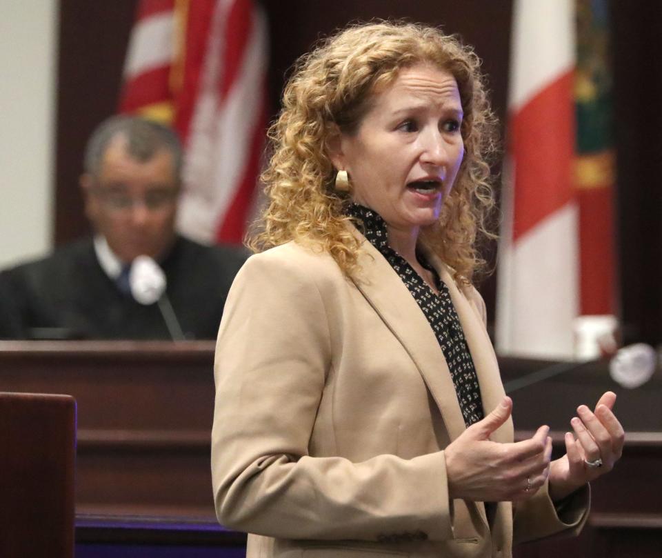 Assistant State Attorney Erica Kane gives her opening statement, Wednesday, Sept. 7, 2022, during Noah Motto's trial at the S. James Foxman Justice Center in Daytona Beach. Motto is charged with vehicular homicide and leaving the scene of a fatal accident that killed Ericka Dane on March 24, 2021.