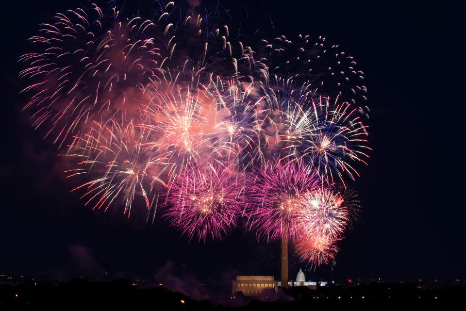 Fourth of July fireworks explode over the Lincoln Memorial, Washington Monument and U.S. Capitol, along the National Mall in Washington, Saturday, July 4, 2020.