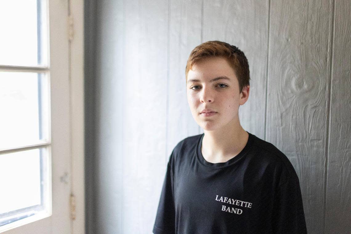 Henry Svec, 13, at his home in Lexington, Ky., Tuesday, May 2, 2023. Henry and his mother Kelly are concerned about the new law that passed out of the Legislature this session banning gender-affirming care for trans youth.