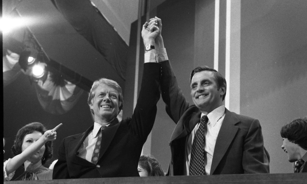 Former Gov. Jimmy Carter and Sen. Walter Mondale team up to lead the Democrats in July 1976, in New York.