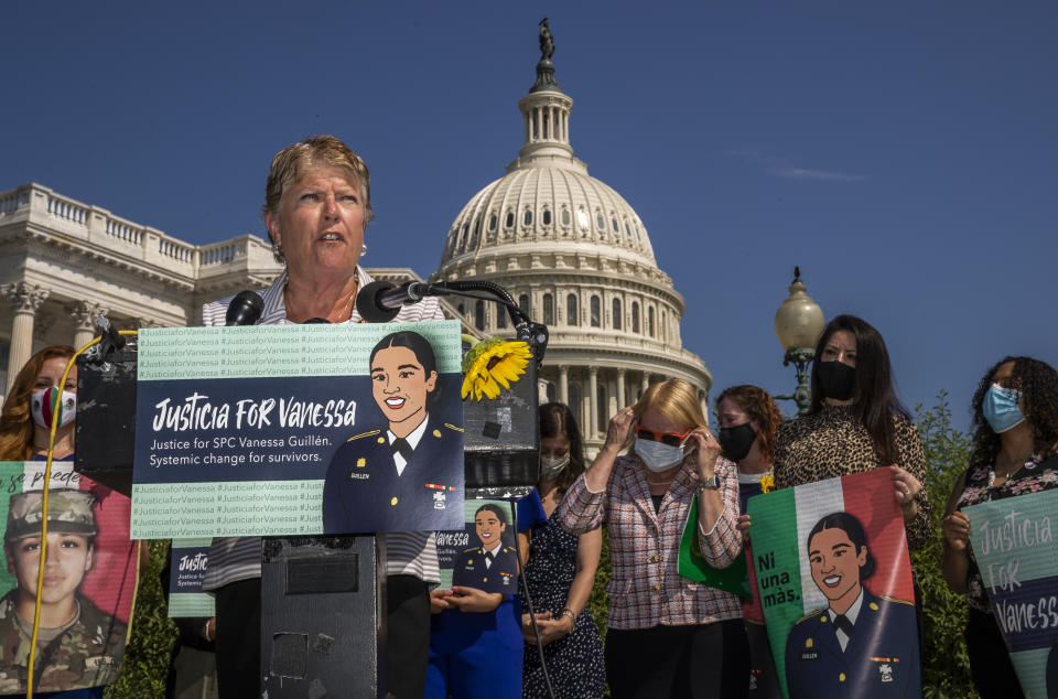 Rep. Julia Brownley, D-Calif., together with other lawmakers and supporters speaks during a news conference on Capitol Hill about ending sexual harassment and assault in the U.S. military and Department of Veterans Affairs Tuesday, July 21, 2020, in Washington. (AP Photo/Manuel Balce Ceneta)