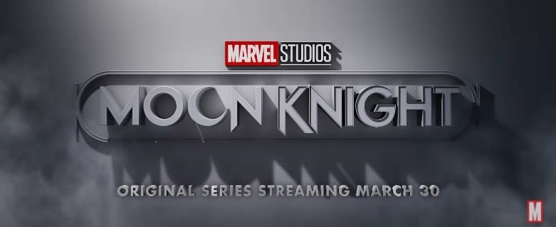 A cloudy white and gray background with "Marvel Studios: Moon Knight - original series streaming March 30" beneath it