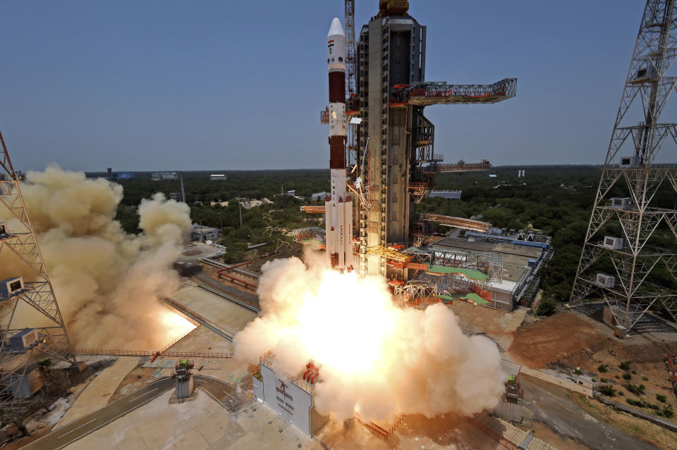 This image provided by the Indian Space Research Organisation (ISRO) shows the Aditya-L1 spacecraft lifts off on board a satellite launch vehicle from the space center in Sriharikota, India, Saturday, Sept. 2, 2023. India launched its first space mission to study the sun on Saturday, less than two weeks after a successful uncrewed landing near the south polar region of the moon. (Indian Space Research Organisation via AP)