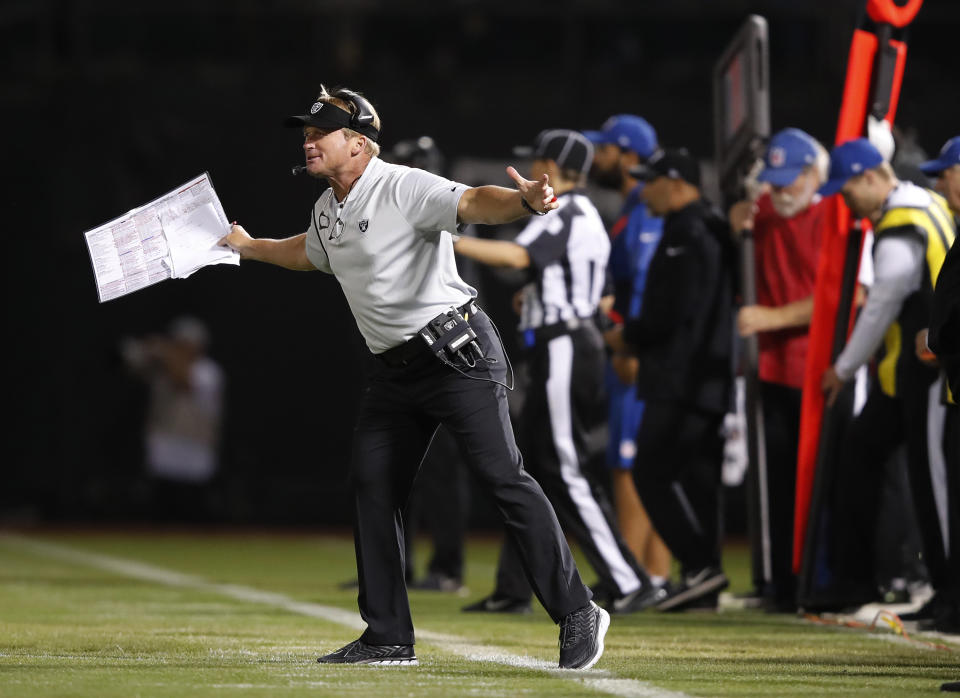 Raiders head coach Jon Gruden gestures on the sidelines during the second half against the Los Angeles Rams on Monday. (AP)