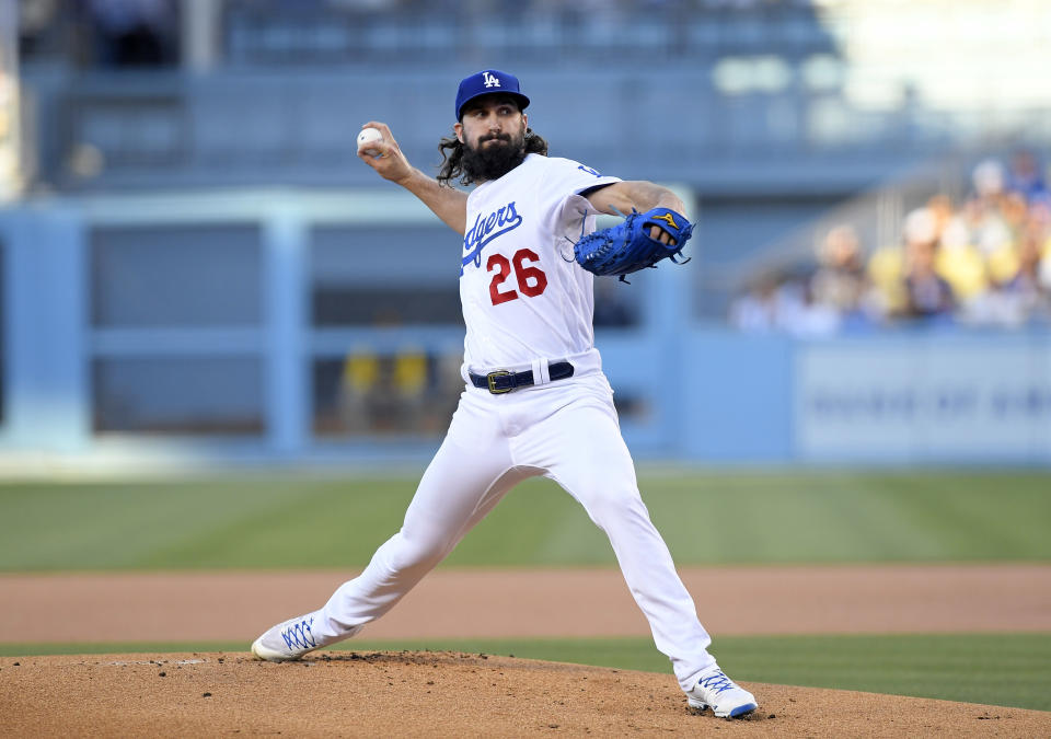 LOS ANGELES, CA - JULY 01: Starting pitcher Tony Gonsolin #26 of the Los Angeles Dodgers throws against the San Diego Padres during the first inning at Dodger Stadium on July 1, 2022 in Los Angeles, California. (Photo by Kevork Djansezian/Getty Images)