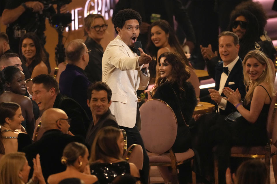 Host Trevor Noah speaks during the 66th annual Grammy Awards on Sunday, Feb. 4, 2024, in Los Angeles. (AP Photo/Chris Pizzello)