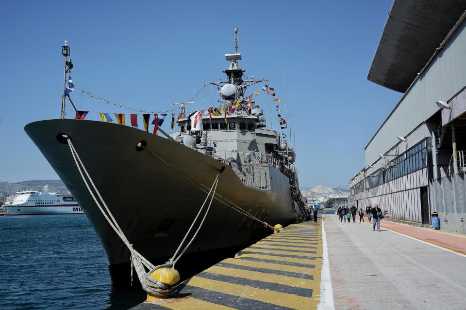 PIRAEUS PORT, GREECE - 2019/03/23: Frigate of Greek Navy 'Idra' seen at Piraeus Port. Due to the Greek Independence Day Piraeus Port is open to the public, a national holiday celebrated annually in Greece on March 25, commemorating the start of the War of Greeks Independence in 1821. (Photo by Giorgos Zachos/SOPA Images/LightRocket via Getty Images)