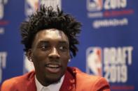 Nassir Little, a freshman basketball player from North Carolina, attends the NBA Draft media availability, Wednesday, June 19, 2019, in New York. The draft will be held Thursday, June 20. (AP Photo/Mark Lennihan)