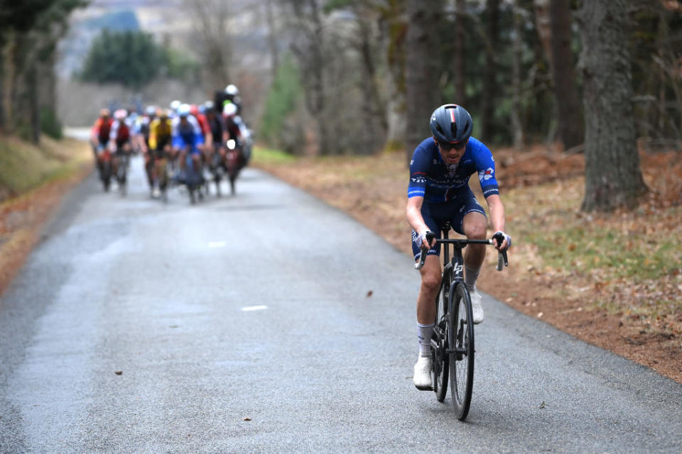 LA LOGE DES GARDES FRANCE  MARCH 08 David Gaudu of France and Team Groupama  FDJ attacks during the the 81st Paris  Nice 2023 Stage 4 a 1647km stage from SaintAmandMontrond to La Loge des Gardes 1077m  UCIWT  ParisNice  on March 08 2023 in La Loge des Gardes France Photo by Alex BroadwayGetty Images