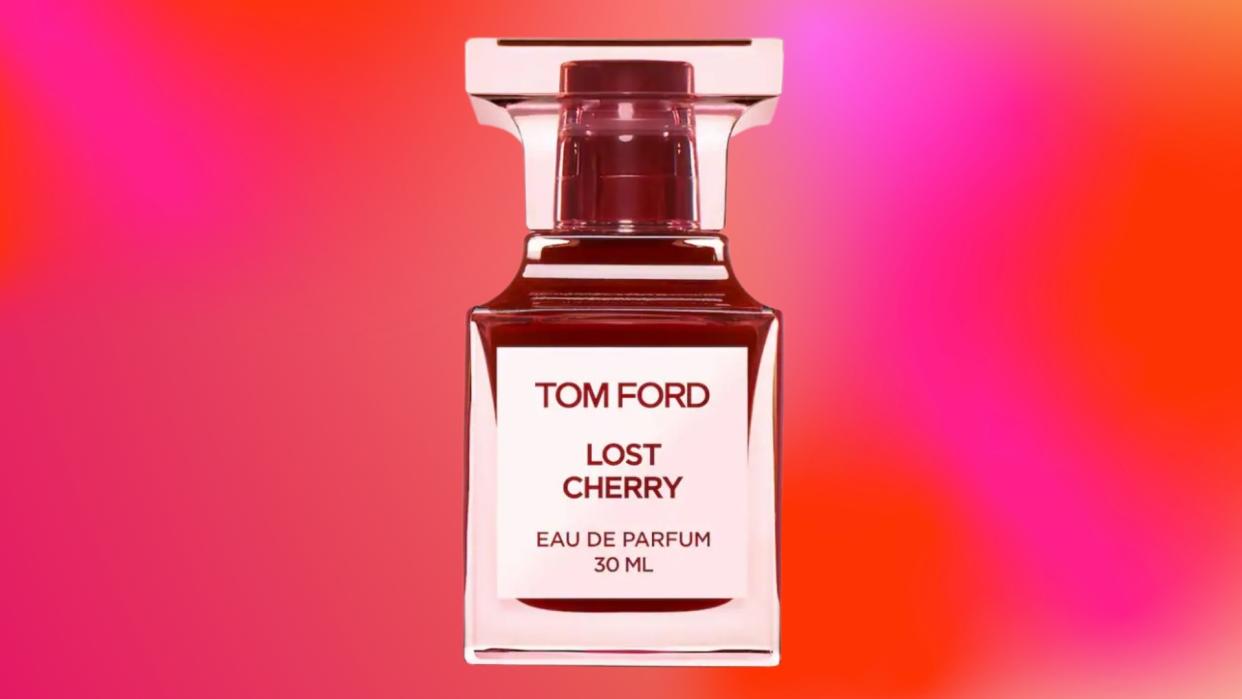  A bottle of Tom Ford Lost Cherry on a pink, orange and red gradient template. 