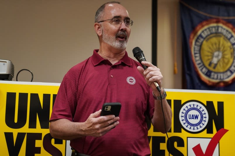 CHATTANOOGA, TENNESSEE – APRIL 19: United Auto Workers (UAW) President Shawn Fain speaks at a UAW vote watch party on April 19, 2024 in Chattanooga, Tennessee. With over 51% of workers voting yes the UAW won the right to form a union at the plant. (Photo by Elijah Nouvelage/Getty Images)