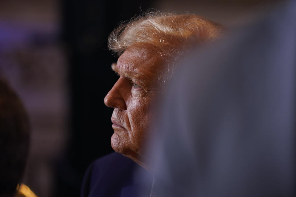 Former President Donald Trump talks to supporters at Mar-a-lago on Election Day, Tuesday, Nov. 8, 2022, in Palm Beach, Fla. (AP Photo/Andrew Harnik)