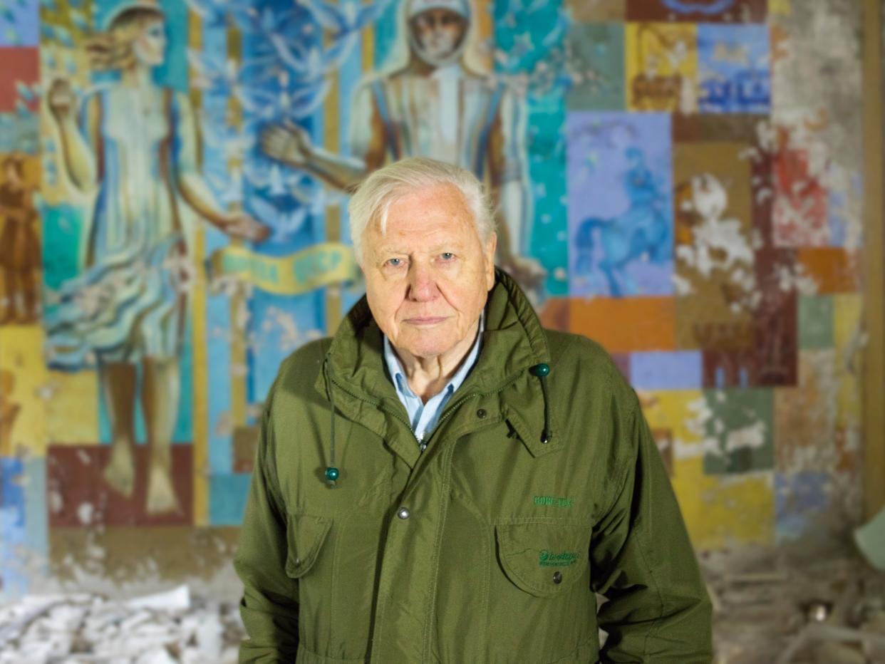 Sir David Attenborough pictured in Chernobyl, Ukraine while filming 'A Life On Our Planet' (Credit: Joe Fereday / Silverback)