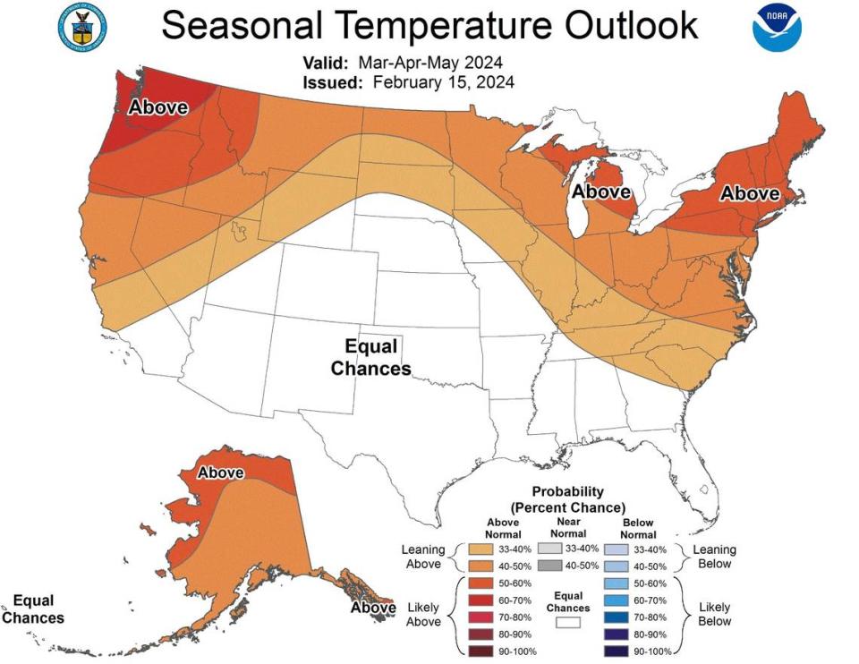 A map showing temperature predictions from March through May, according to the NWS Climate Prediction Center.