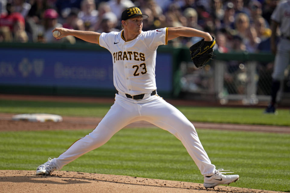 Pittsburgh Pirates starting pitcher Mitch Keller delivers during the second inning of a baseball game against the Atlanta Braves in Pittsburgh, Saturday, May 25, 2024. (AP Photo/Gene J. Puskar)