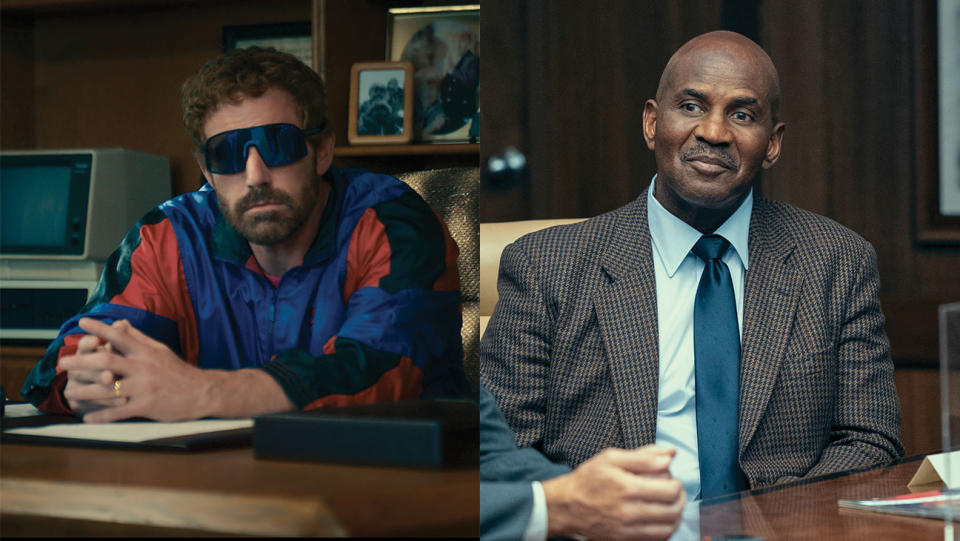 The cast of Amazon’s Air: Ben Affleck as Phil Knight, Julius Tennon as James Jordan.