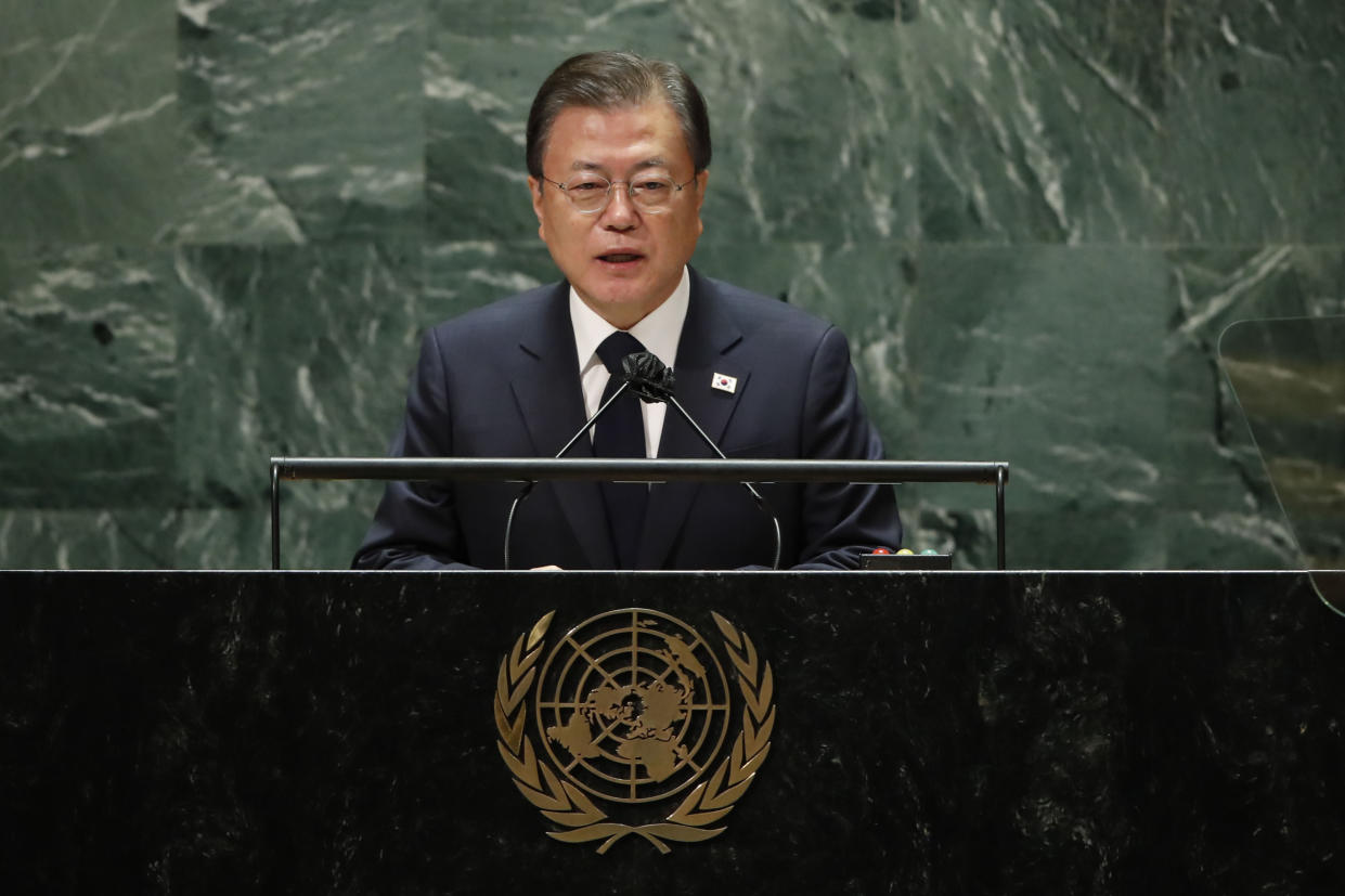 FILE - In this Sept. 21, 2021, file photo, South Korea's President Moon Jae-in addresses the 76th Session of the U.N. General Assembly. North Korea rebuffed South Korea’s push for a declaration to end the 1950-53 Korean War as a way to restore peace, saying Friday, Sept. 24, such a step could be used as a “smokescreen covering up the U.S. hostile policy" against the North. In a speech at the U.N. General Assembly earlier this week, Moon reiterated his calls for the end-of-the-war declaration that he said could help achieve denuclearization and lasting peace on the Korean Peninsula.(Eduardo Munoz/Pool Photo via AP, File)