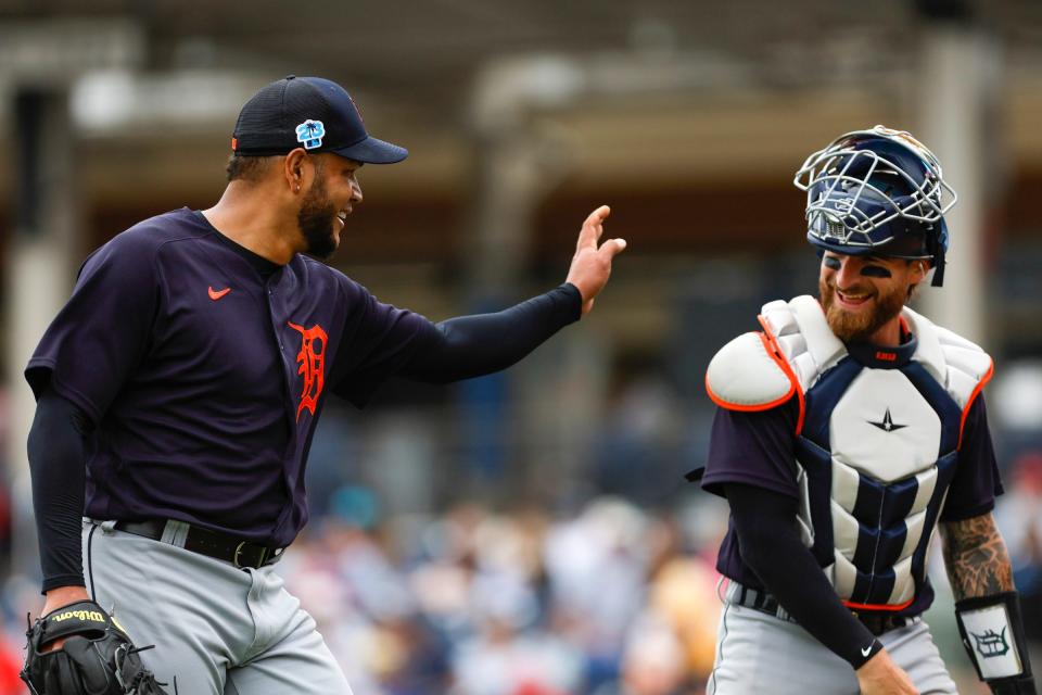 Mar 19, 2023;  West Palm Beach, Florida, USA;  Detroit Tigers starting pitcher Eduardo Rodriguez (57) reacts towards catcher Eric Haase (13) after the fourth inning against the Washington Nationals at The Ballpark of the Palm Beaches.