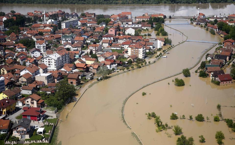 Aerial view of the flooded city of Brcko