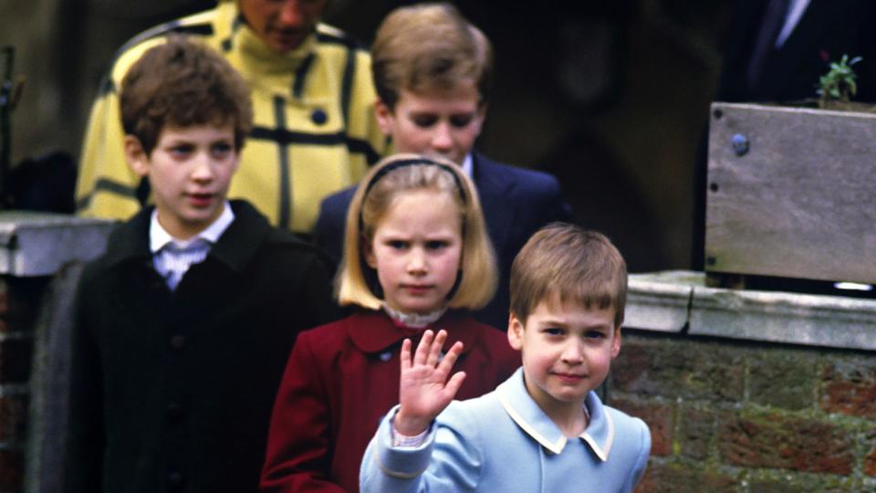 Prince William, Zara Phillips, Lord Frederick Windsor and Peter Phillips attend Christmas Day church service in 1987