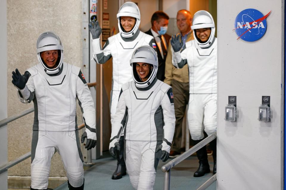 Jasmin Moghbeli, front right, prepares to board the SpaceX Falcon 9 rocket alongside her crew on 26 August, 2023 (AP Photo/Terry Renna)